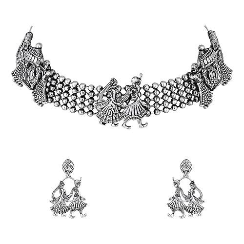 Navratri Ethnic Stylish Silver Oxidised Afghani Choker Necklace Jewellery Set With Earrings (MC185OX)