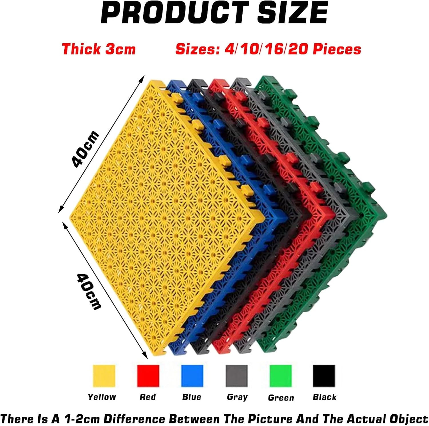 40x40cm Interlocking Floor Tiles - 10 Pieces Red Modular Drainage Mat for Indoor/Outdoor Use, Perfect for Bath, Garage, Deck, Waterproof and Splicable