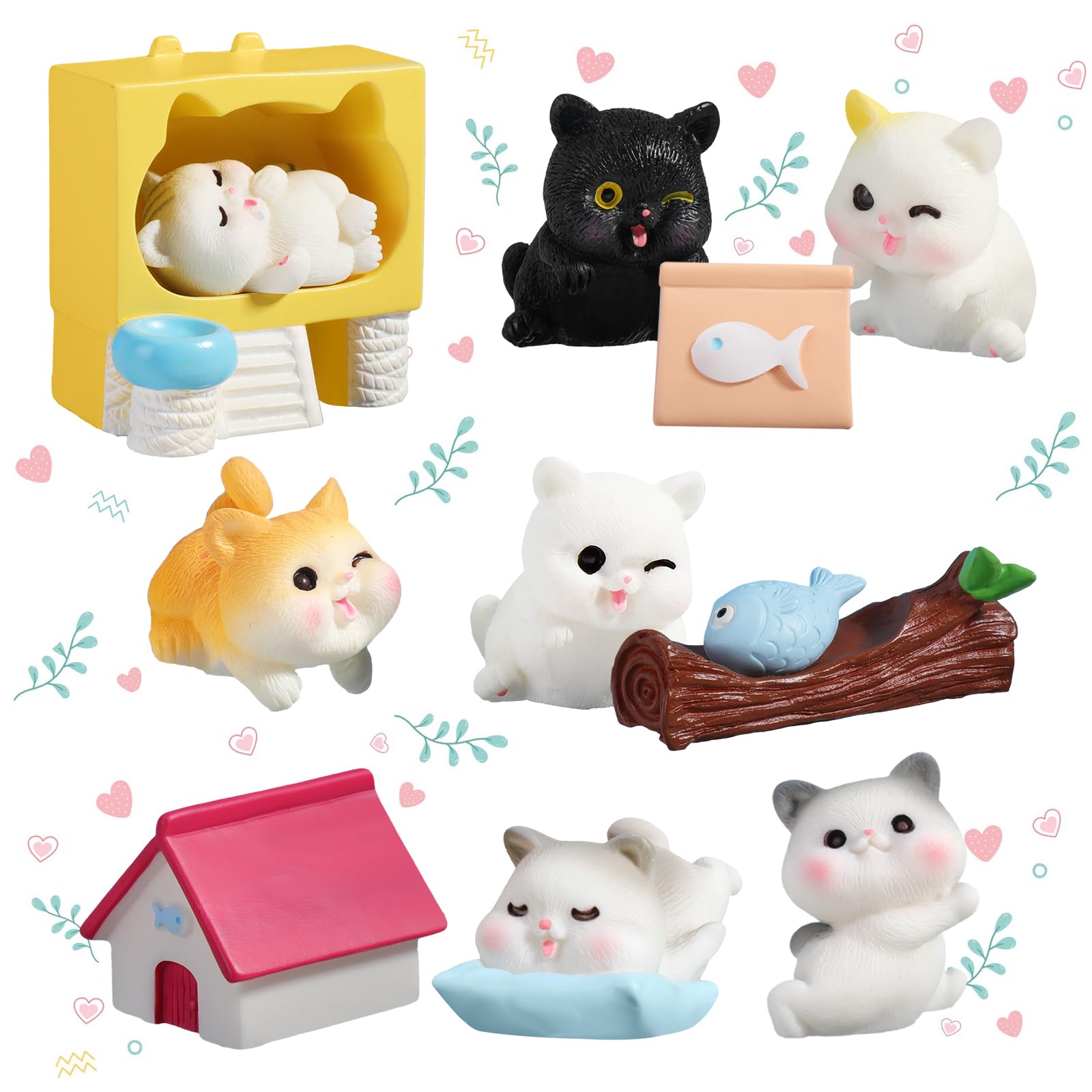 12-teiliges Katzen-Figuren-Set – Mini-Katzen, Häuser & Zubehör Aus Harz, Für Cupcake-Deko, Torten & Spiel