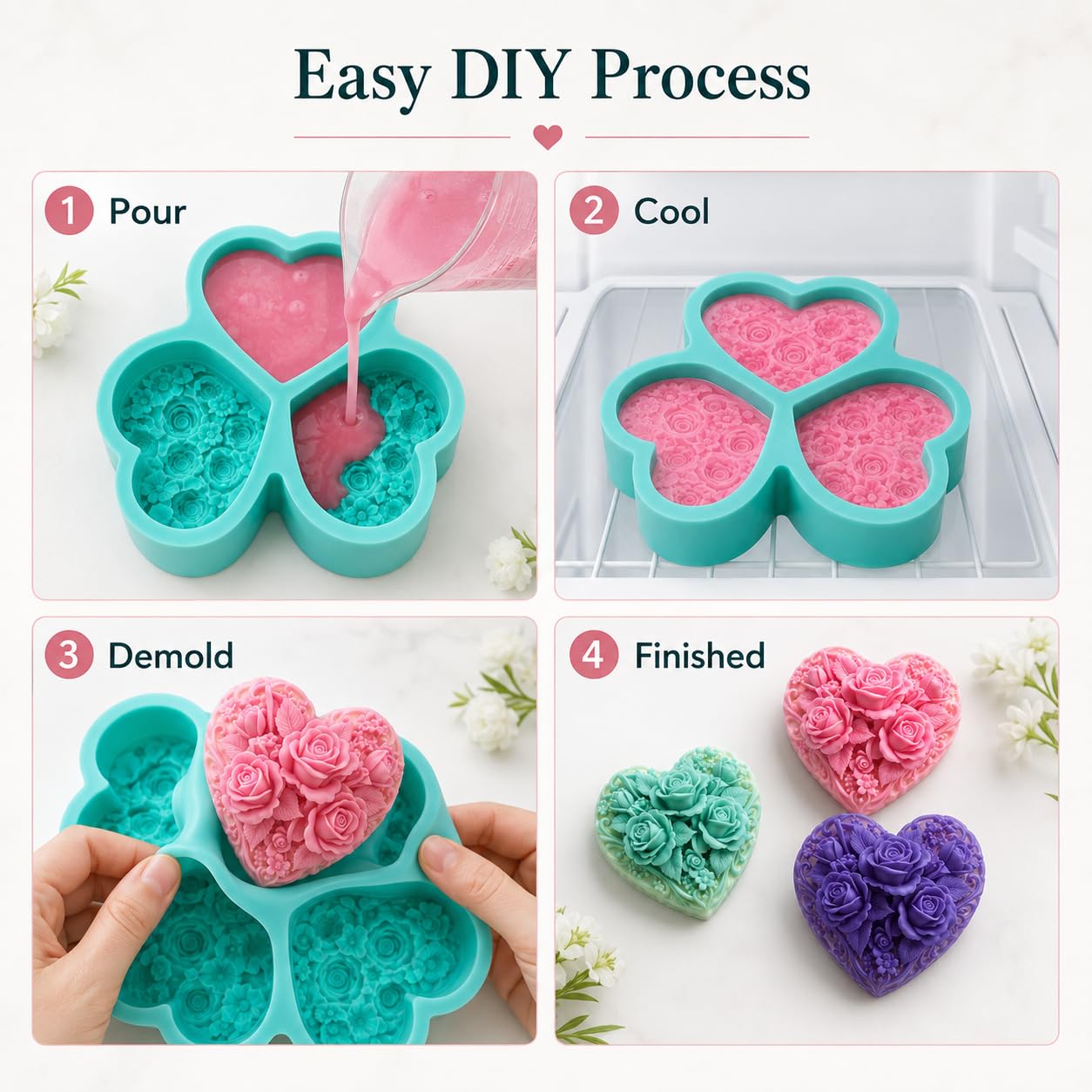 Molde de silicona de corazón de 3 cavidades con diseño de rosas en relieve, molde grande para jabón hecho a mano, fabricación de velas, arte de resina, chocolate, cera derretida, yeso aromático y