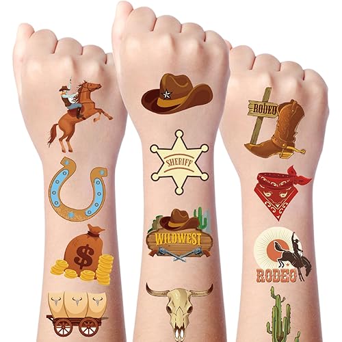Tatuaje temporal de vaquero  Más de 216 tatuajes temporales de rodeo decoraciones de fiesta occidental pegatinas de tatuaje temporal niños My First