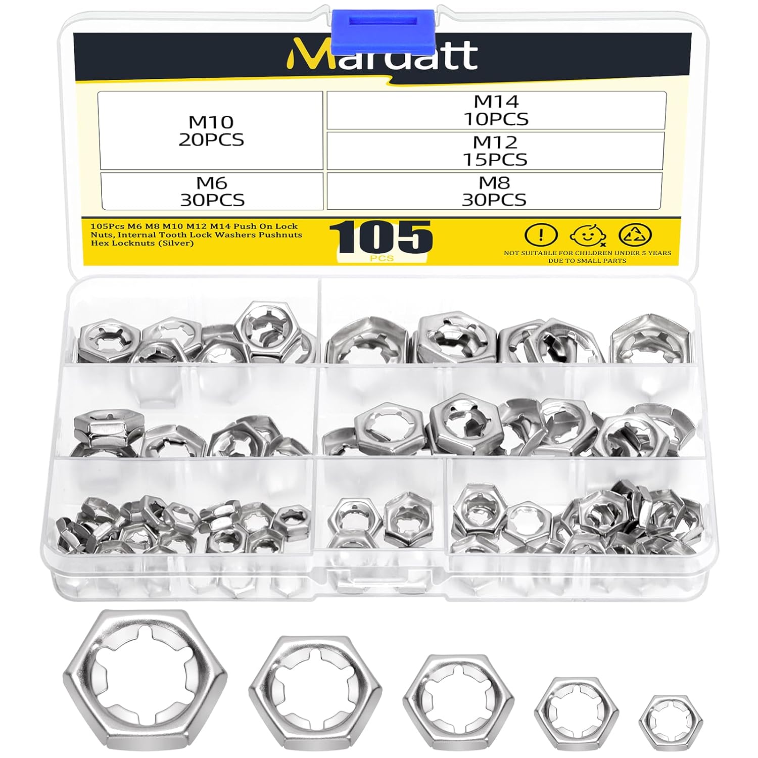 105Pcs M6 M8 M10 M12 M14 Push On Lock Nuts, 304 Stainless Steel Internal Tooth Lock Washers Pushnuts Hex Locknuts (Silver)