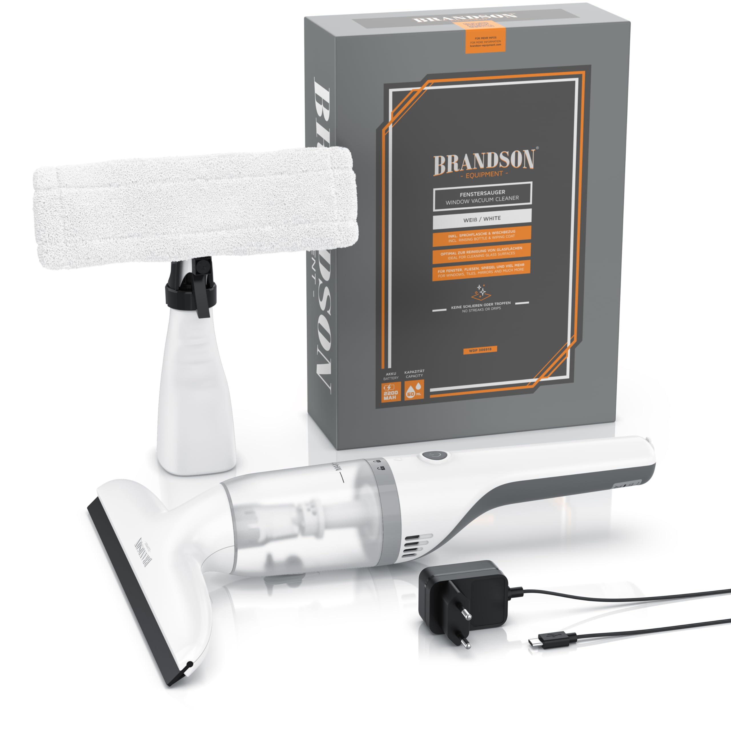 Brandson - Akku Fenstersauger kabellos – Fensterreiniger elektrisch 2200 mAh Li-Io-Akku – Laufzeit ca. 30 min. – 28 cm Saugdüse – 60 ml Wassertank – inkl. Sprühflasche