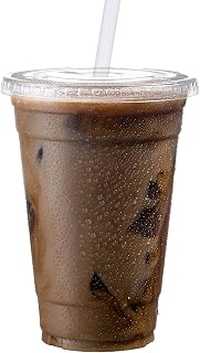 (100 PC) Combo 24 oz Disposable Clear Cups with Flat Lids Bonus Straws Drinking Plastic Cups Iced Coffee Party Cups Small (Cups 50 PC/Lids 50 PC)