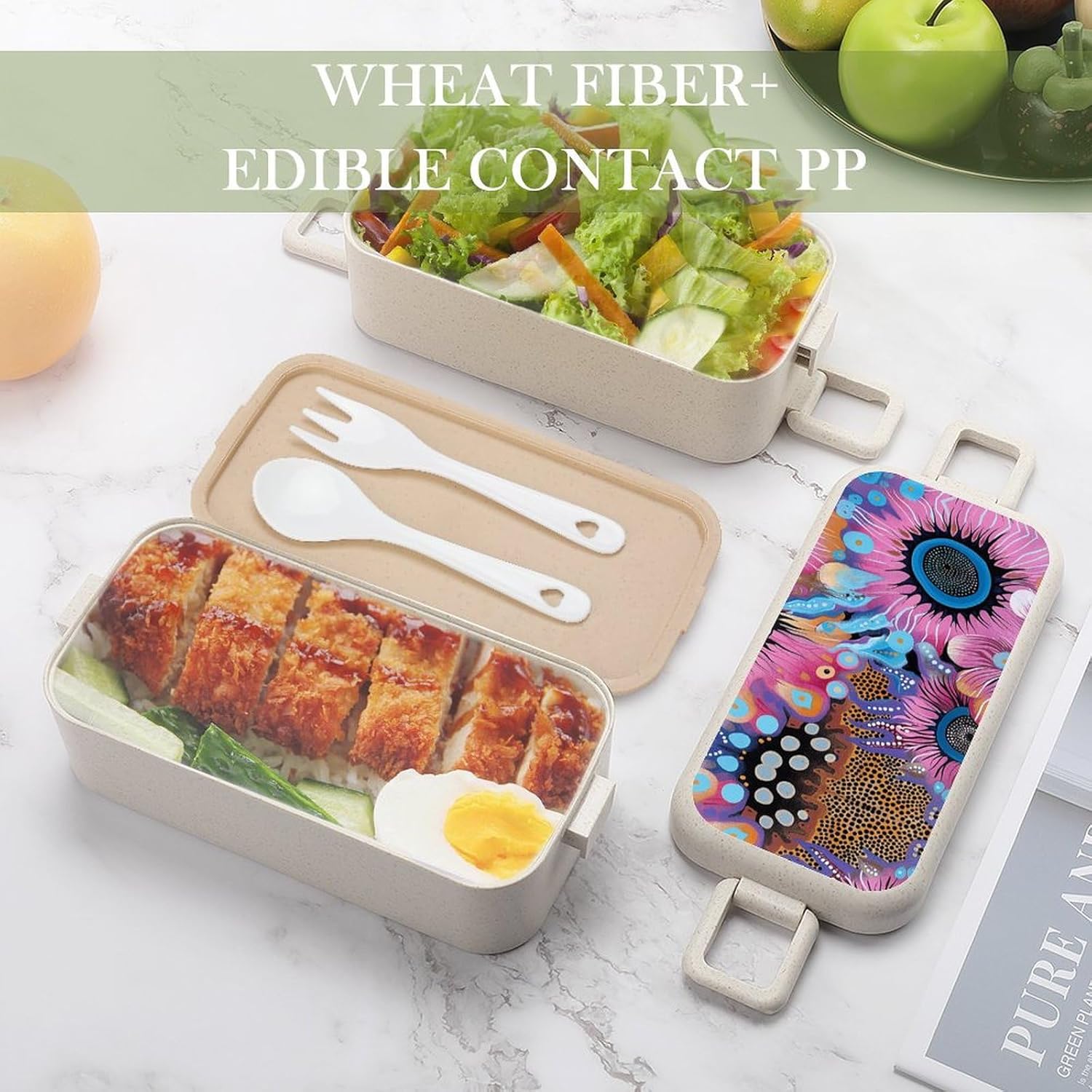 Lunch Box Bento Premium Woodblock Print Style Printed Bento Box Bento with Spoon And Fork with Compartment Containers Suitable for Men And Women