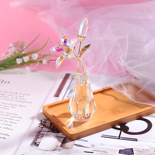 Miniatura 3 de Flores de lirio de tigre de cristal con jarrón de cristal, tallo de metal, flores de lirio, regalos coleccionables para mujeres, figuras florales