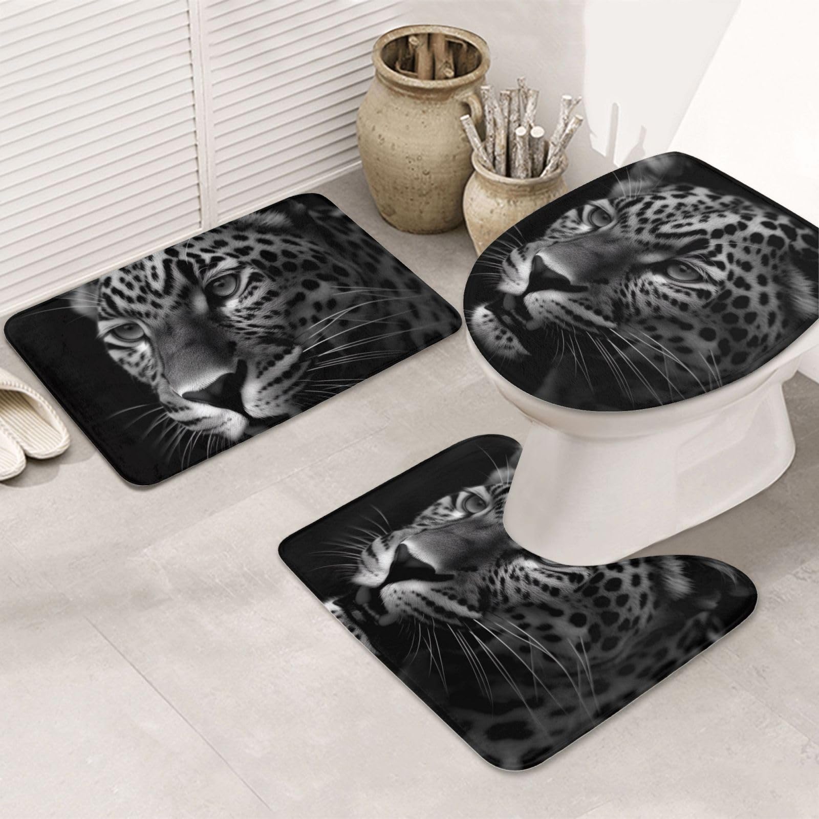 Tapis de bain imprimé léopard lot de 3 avec contour WC U et couvercle