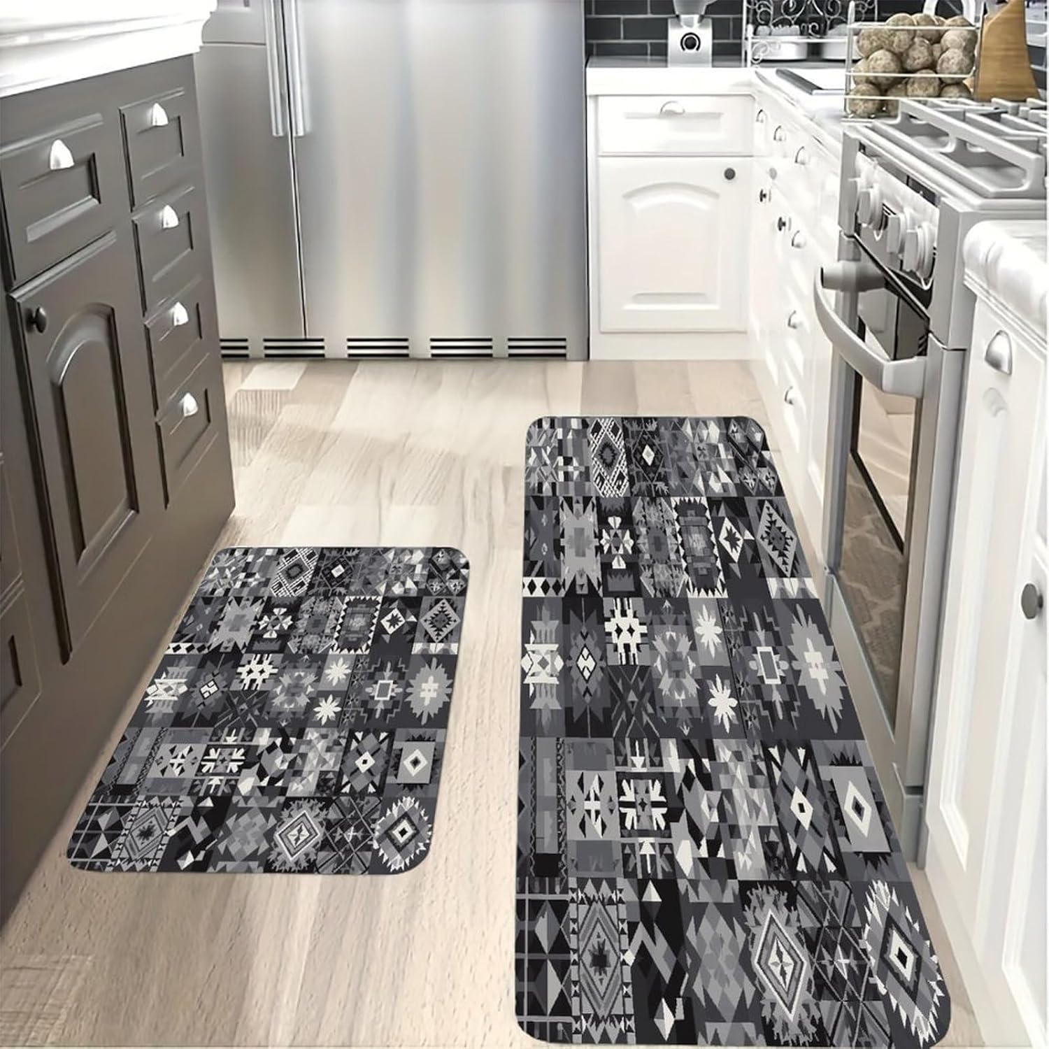 Gray Pattern Background Kitchen Mats with 2PCS Non-Slip Washable,Kitchen Rug Heavy Duty Durable, Floor Mats for Kitchen,Office,Sink,Laundry