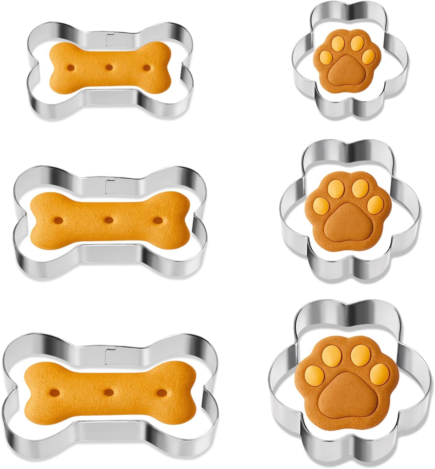 6 Pcs Dog Bone Cookie Cutter, 3 Sizes Stainless Steel Bone & Paw Print Cookie Cutters Set Dogs Treats Cookies Cutter Biscuit Mold for Theme Party Homemade Treats and Baking