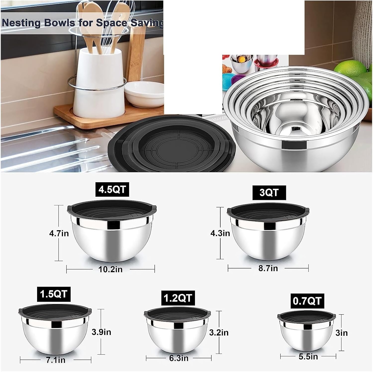 A Set of 5 Mixing Bowls, Stainless Steel Nested Bowls, Kitchen Drying, Airtight Cover, Mixing Bowl