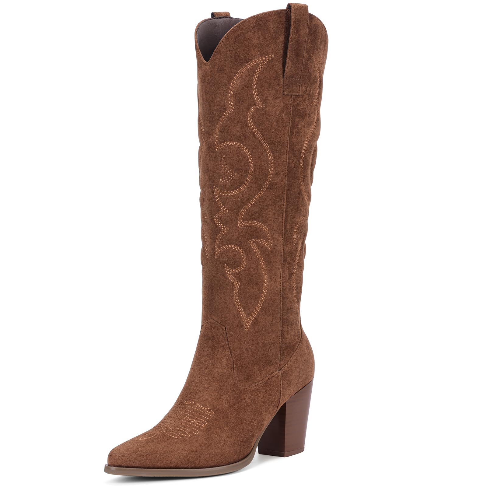 Pasuot Suede Cowboy Boots for Women - Western Knee High Cowgirl Boots with Side Zipper, Retro Pointed Toe Tall Block Heel Pull On Long Boot for Ladies