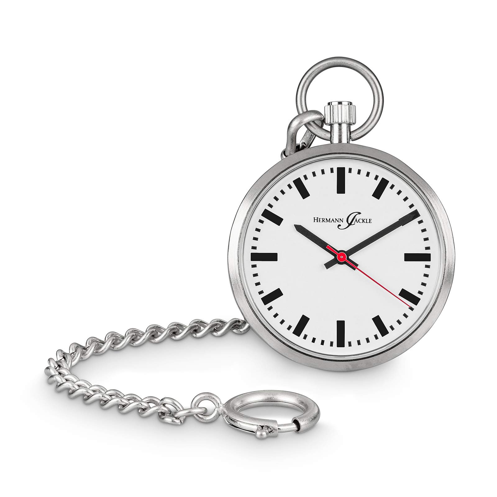 Hermann Jäckle Herren Taschenuhr Frankfurt Quarz Silber 43 mm | Quarzwerk, Bahnhofsuhr-Design, großes gut ablesbares Zifferblatt, inklusive Kette und Reiseetui