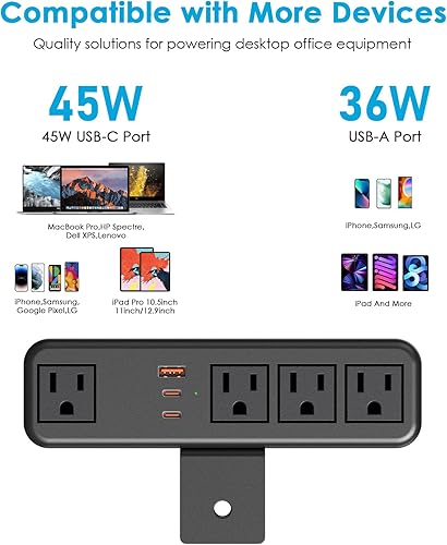Miniatura 2 de CCCEI Regleta de alimentación de abrazadera lateral de escritorio USB C de 45 W, toma de montaje de abrazadera de borde de tubo superior de