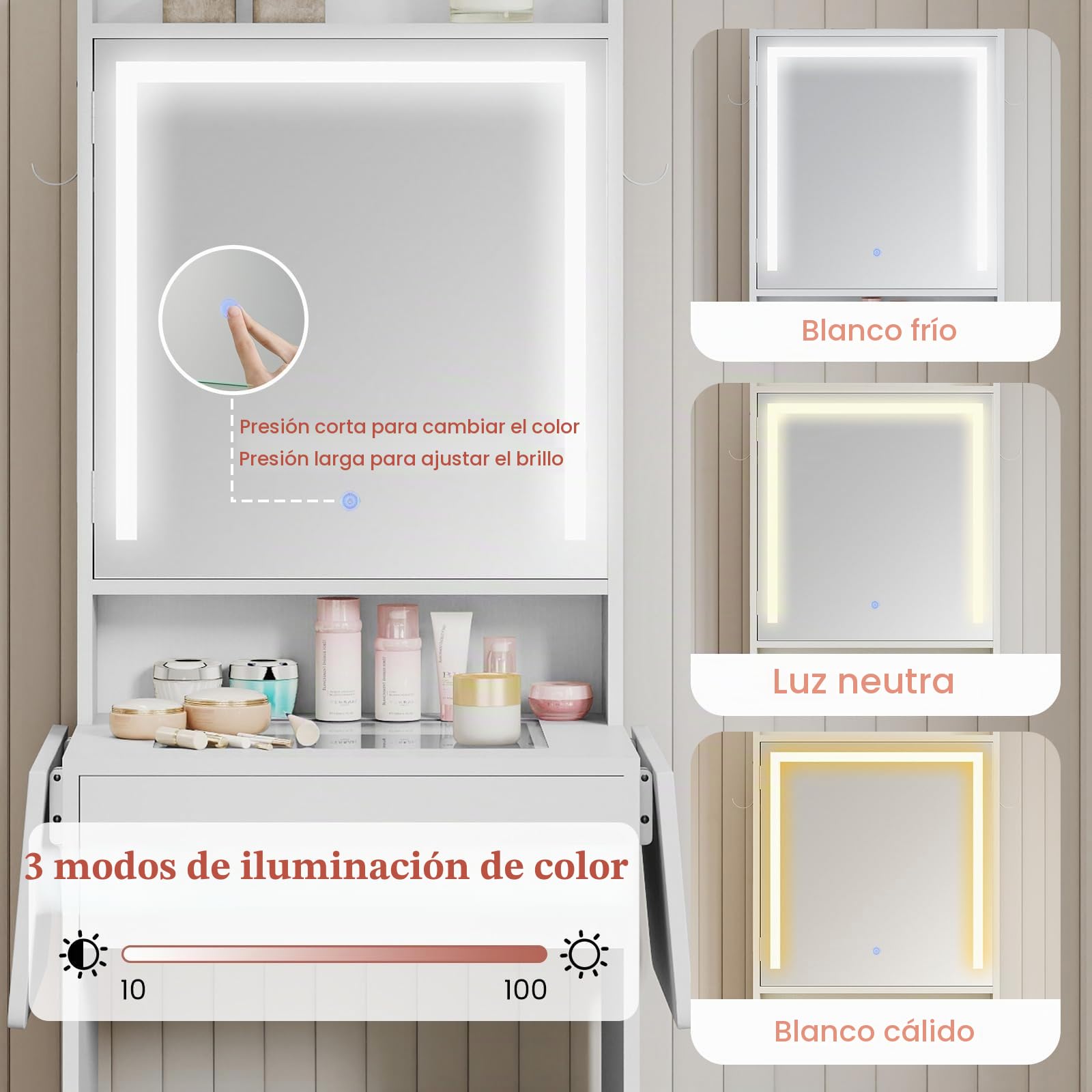 GIANTEX Tocador Compacto con Taburete Acolchado, Mesa de Maquillaje con Espejo Luminoso de 3 Modos, Cajón, Estante, Ganchos y Enchufes, 2 Tableros Laterales Plegables (Blanco)