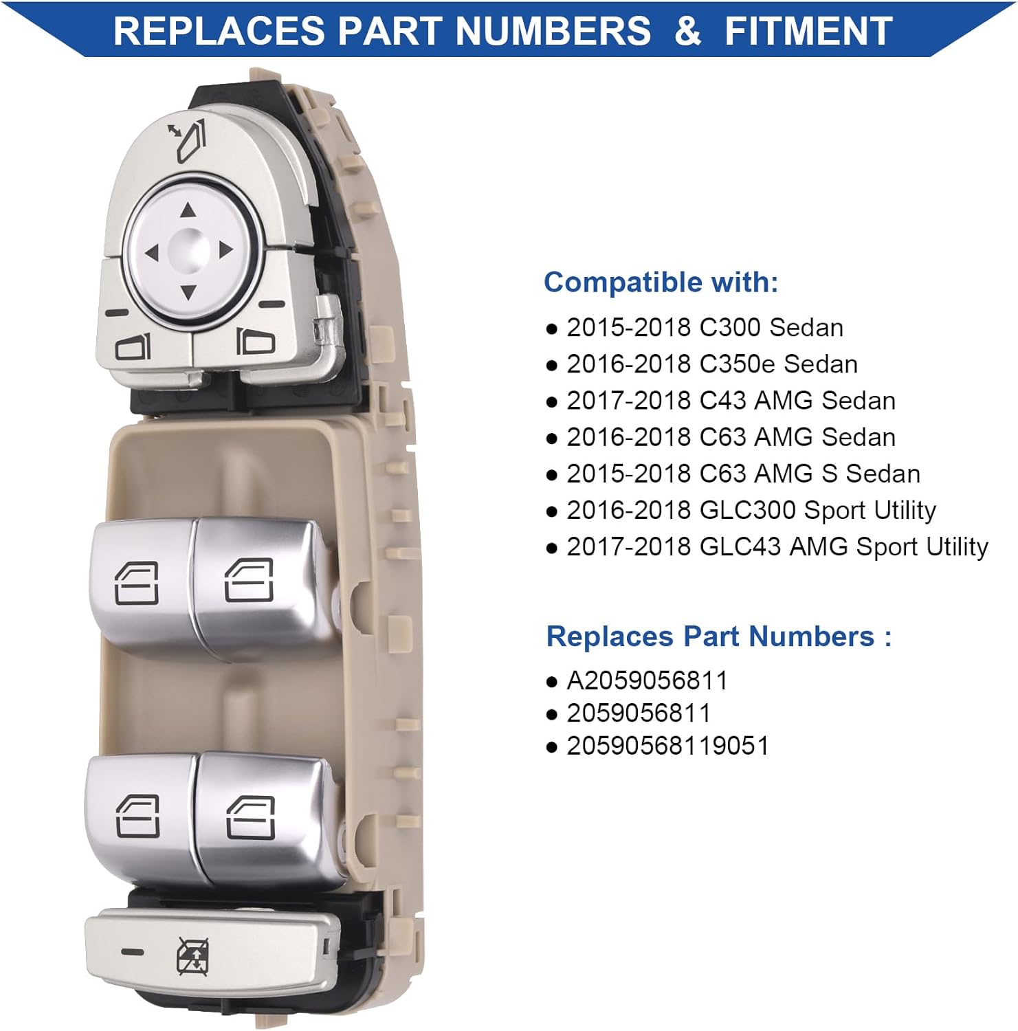 Obaee Master Power Window Switch - Front (Driver Side) for Mercedes-Benz C-Class & GLC, 2015-2018 - Replace A2059056811, Cream-Color
