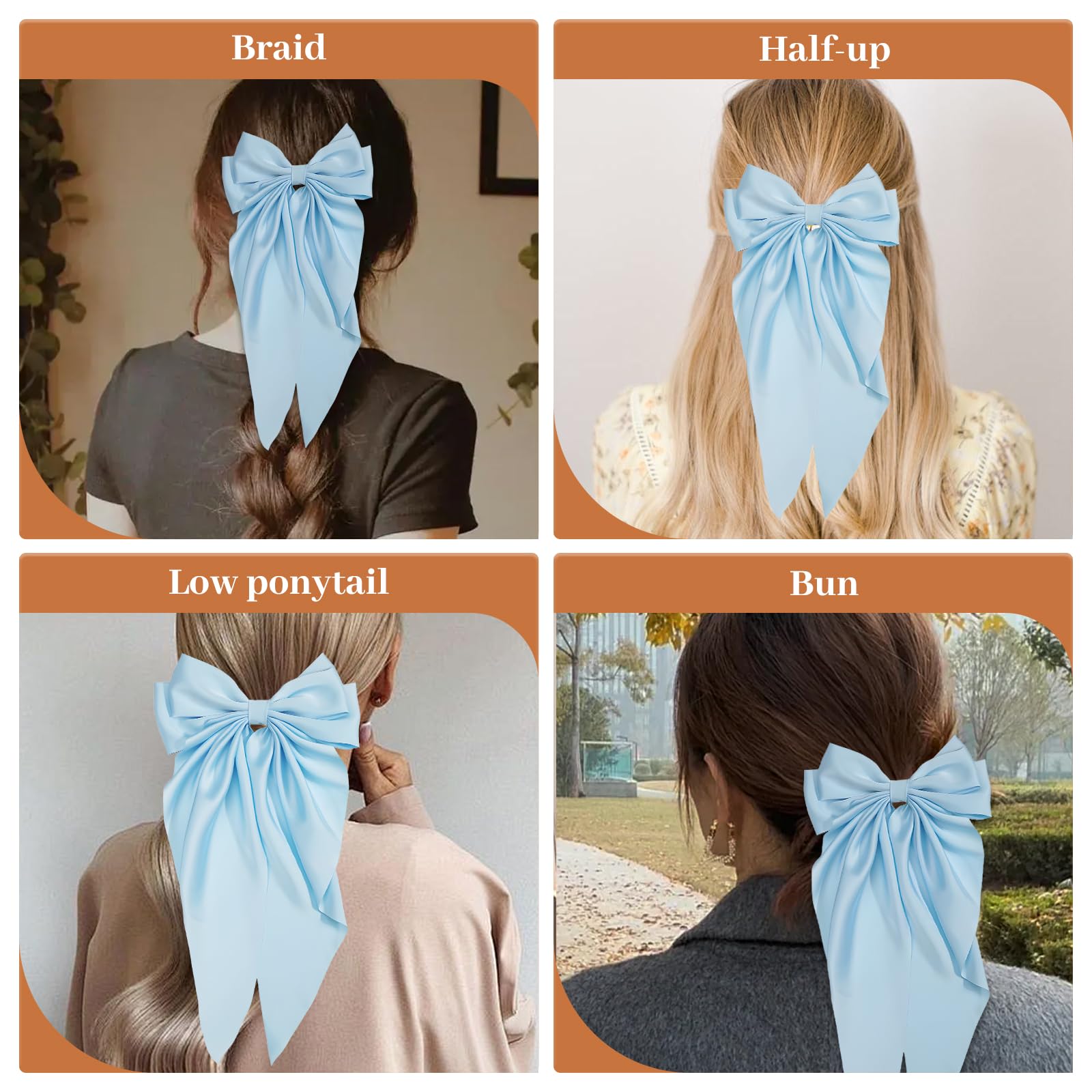 IGXX 2 Pcs Blue & White Bow Hair Clip, Satin Long Tail Hair Bows, French Bowknot with Metal Hairpin, Big Bow for Women & Girls - Image 4
