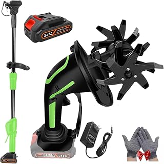 2-in-1 Cordless Tiller & Cultivator with Extension Pole, Battery Powered Handheld Garden Tiller, Electric Mini Rototiller, Rechargeable Soil Cultivator for Lawn, Yard, Flower Beds (B Battery+2Rod)