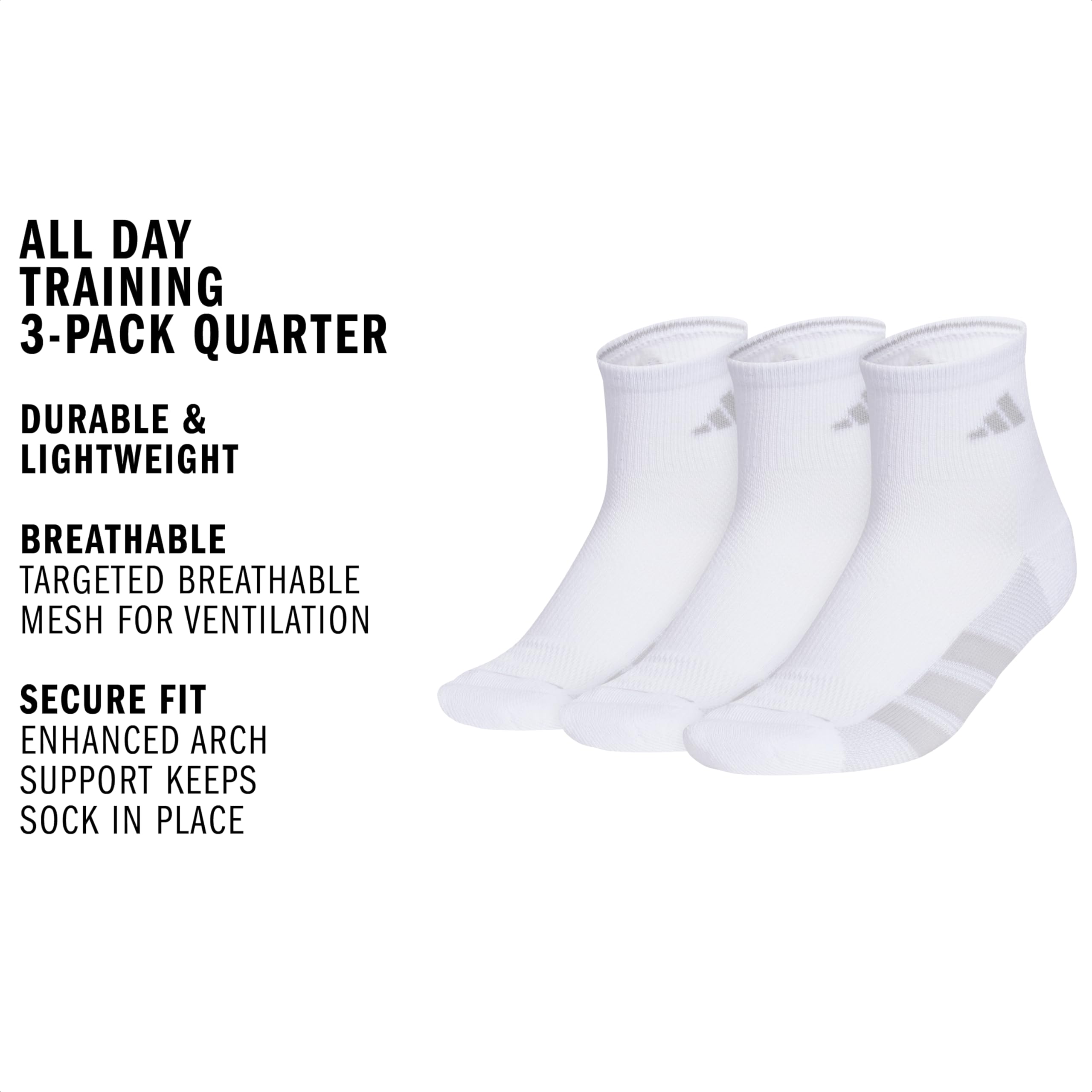 adidas All Day Training Quarter Socks (3-Pair) Athletic Performance Above The Ankle Height with Targeted Cushion For Running Calcetín, Blanco, Gris Claro y Gris Claro, M (Pack de 3) Mujeres