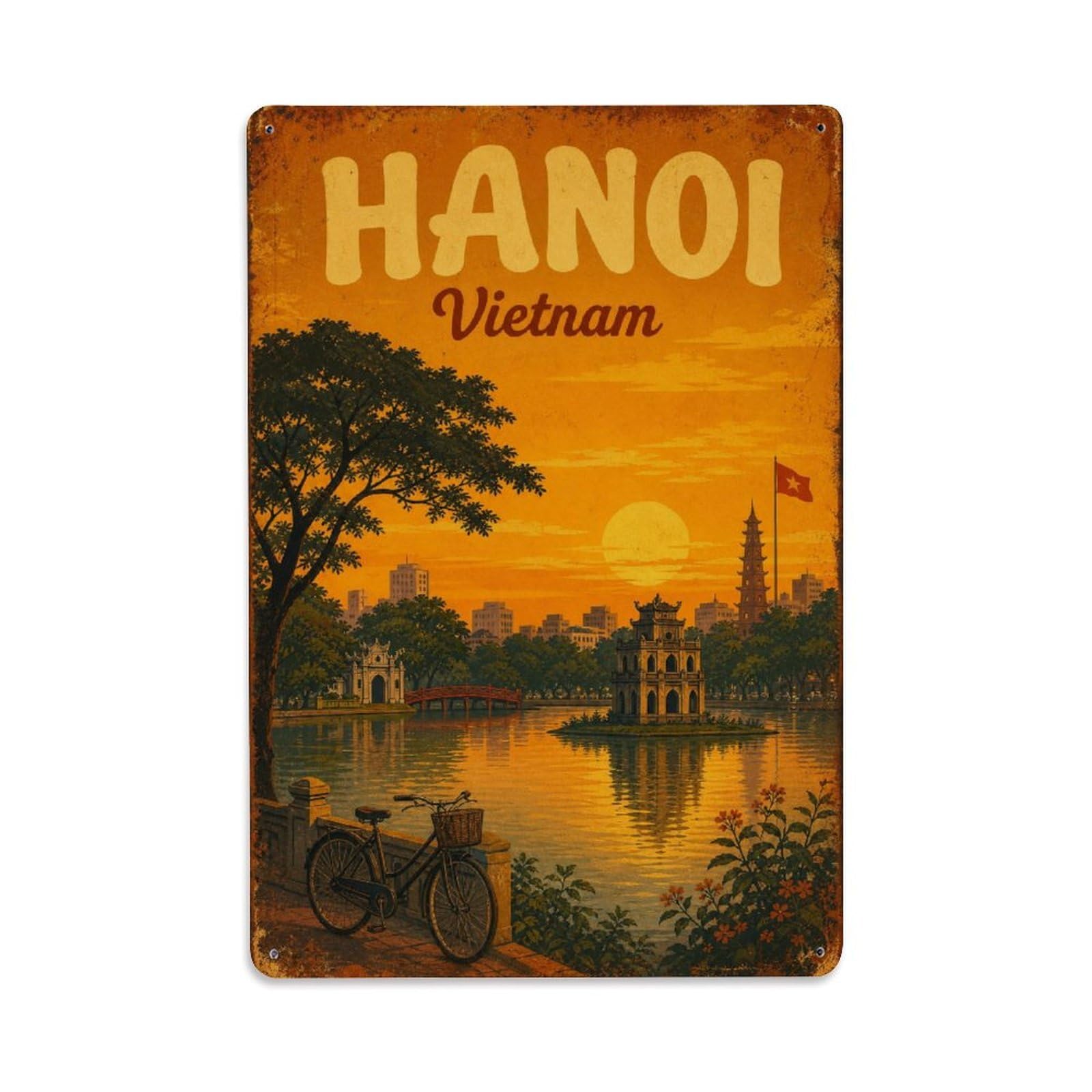 Vintage Hanoi Vietnam Sunset Lake Landmark Travel Metal Tin Sign