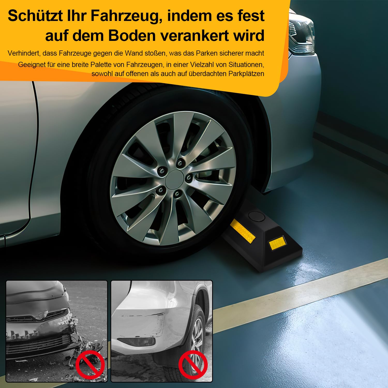 Gumowy stoper do kół z otworami na śruby, 54 x 15 x 10 cm | Wytrzymała granica parkowania z żółtymi paskami odblaskowymi, 4 x blokada parkingu do garażu, parkingu