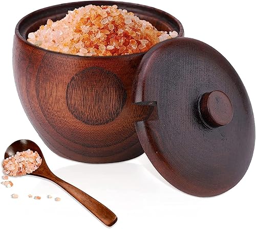 Caja de sal de madera maciza para condimentos, contenedor de almacenamiento con cuchara y tapa, azucarero de cocina redondo para especias para sal,