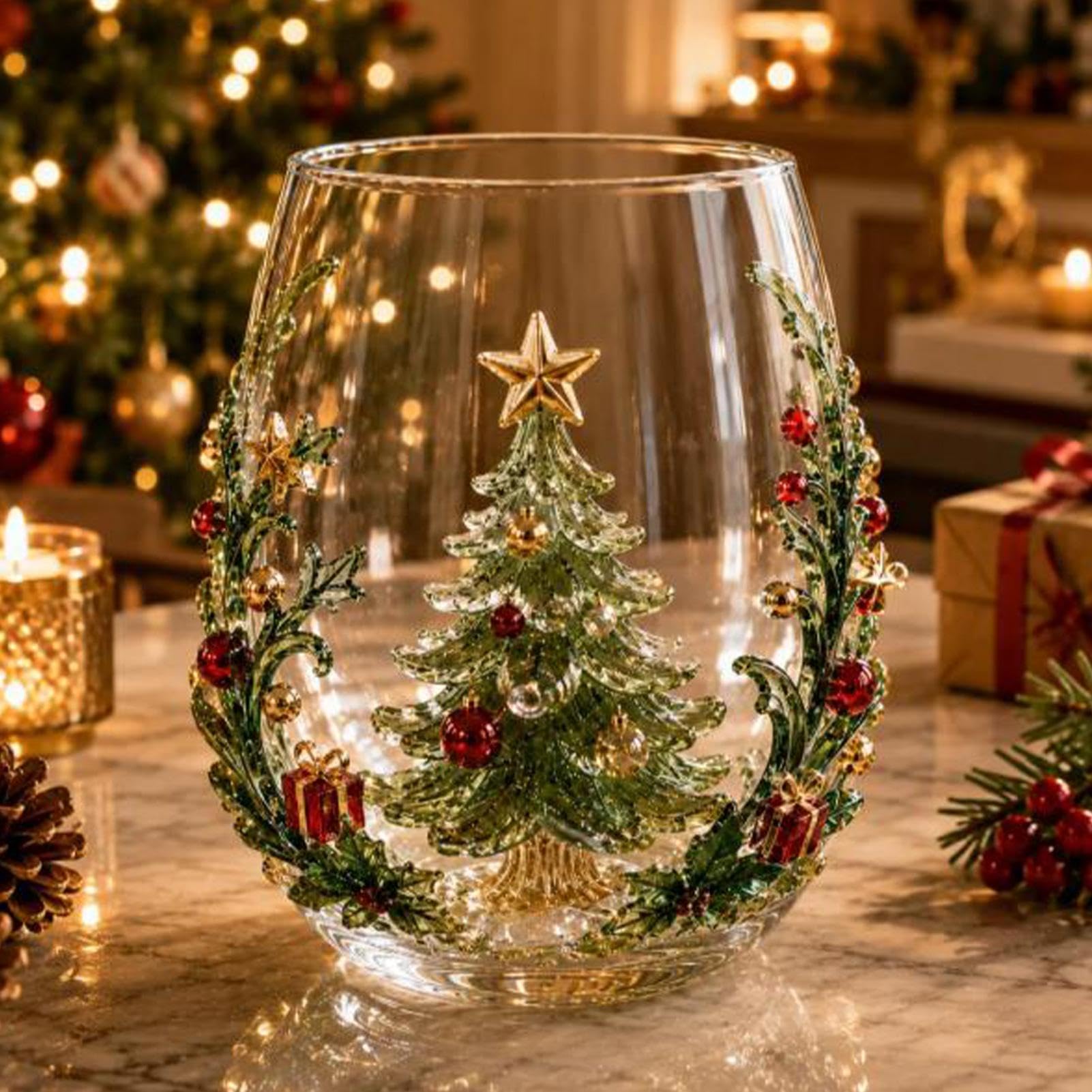 3D Christmas Glass Art Cup, Raised Holiday Glassware Stemless