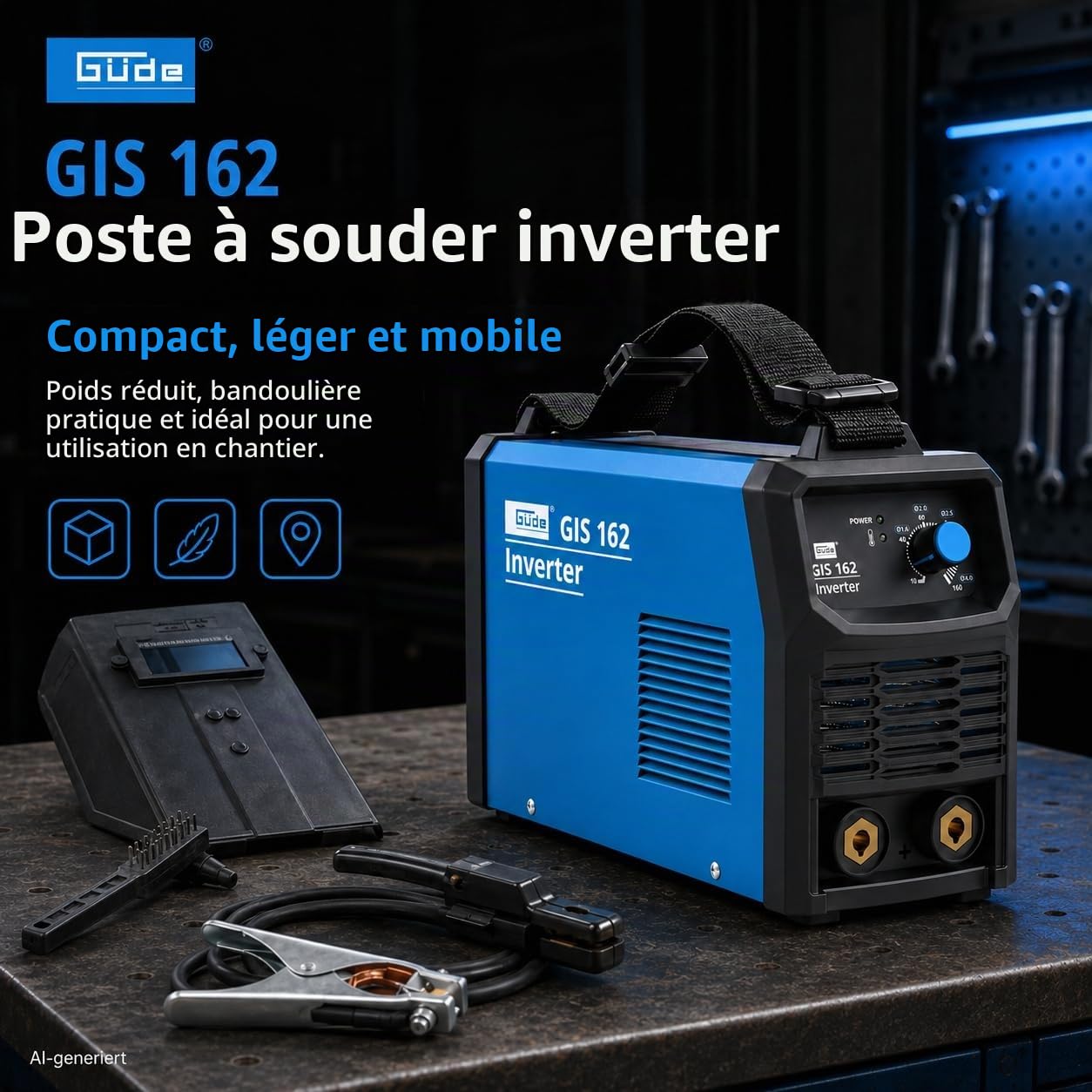 Güde Poste à souder Inverter GIS 162 (230 V, 15,5 W, puissance à vide 5,0 kVA max. puissance secteur, plage de régulation 10-160 A, courant de soudure, avec support d'électrodes, borne de masse