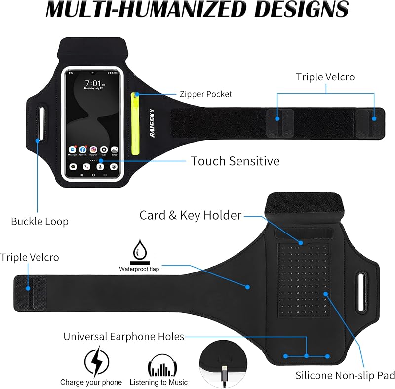 Running Armband with Earphone Pouch Fits Phones up to 6.9" | Cell Phone Armband for iPhone, Water Resistant & Breathable Sports Phone Holder & Zipper Pocket Car Key Holder for Jogging image 6
