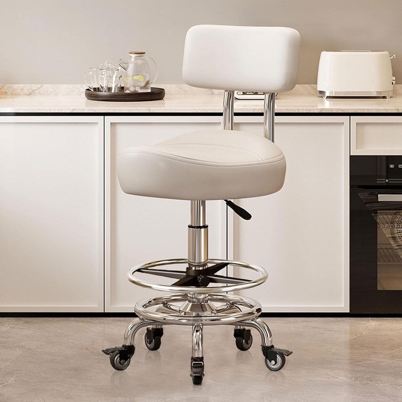 Höhenverstellbarer Rollhocker mit Rückenstütze und Fußstütze, ergonomischer Zeichenstuhl für Büro, Küche, Medizin, Zahnarzt, Labor, Zuhause