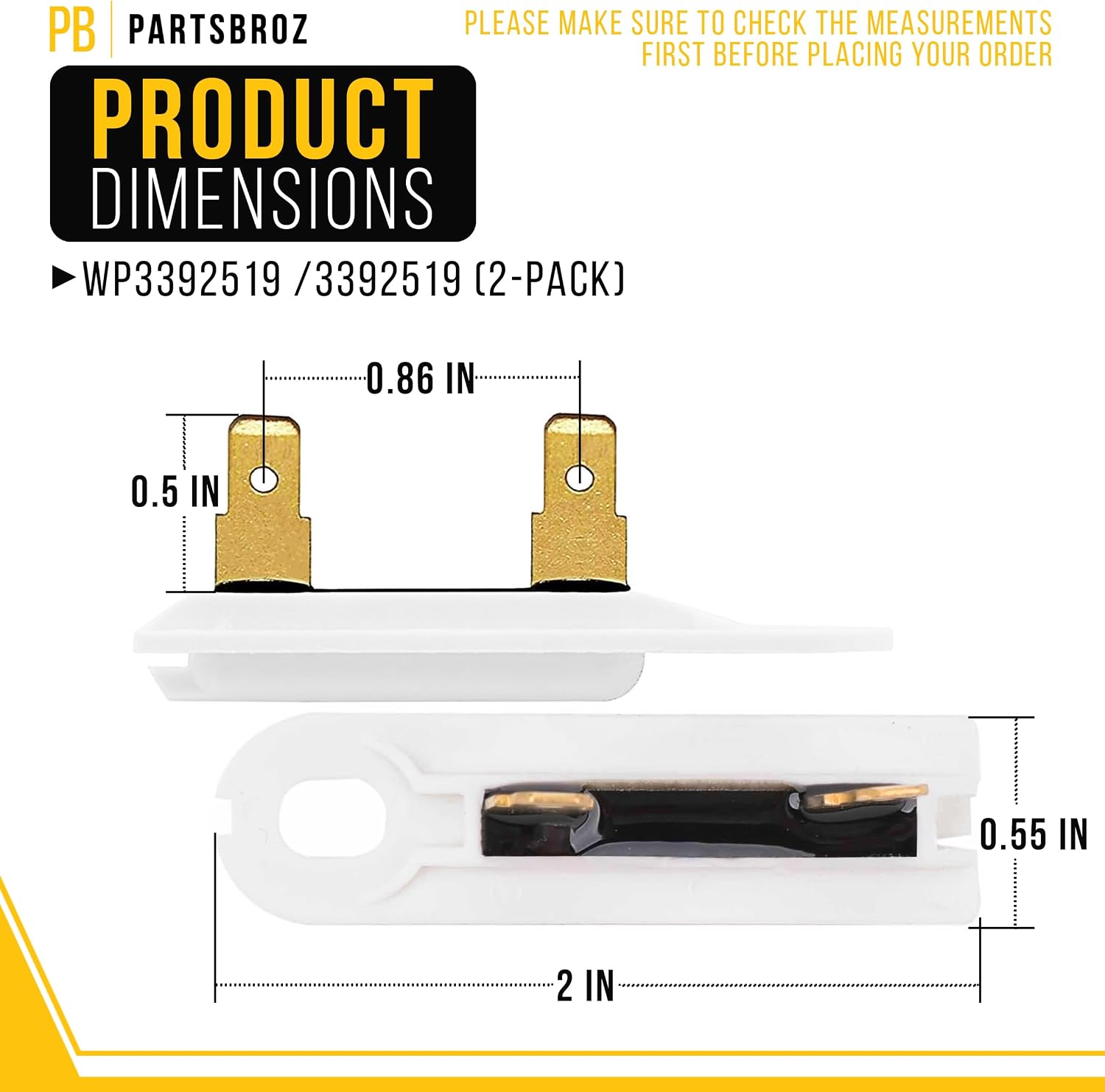 PartsBroz WP3392519 3392519 Dryer Thermal Fuse G4AP0500 TF091C (2-Pack) - Thermal Fuse for Whirlpool Dryer, Kenmore Dryer Thermal Fuse, KitchenAid, Maytag Dryer Parts - Replaces AP6008325 PS11741460