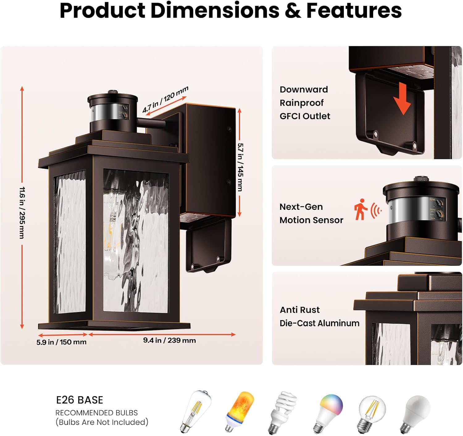 Gleamz Dusk to Dawn Outdoor Pendant Lights for Porch with Water Glass & Adjustable Sensitivity Motion Sensor Outdoor Lights with GFCI Outlet