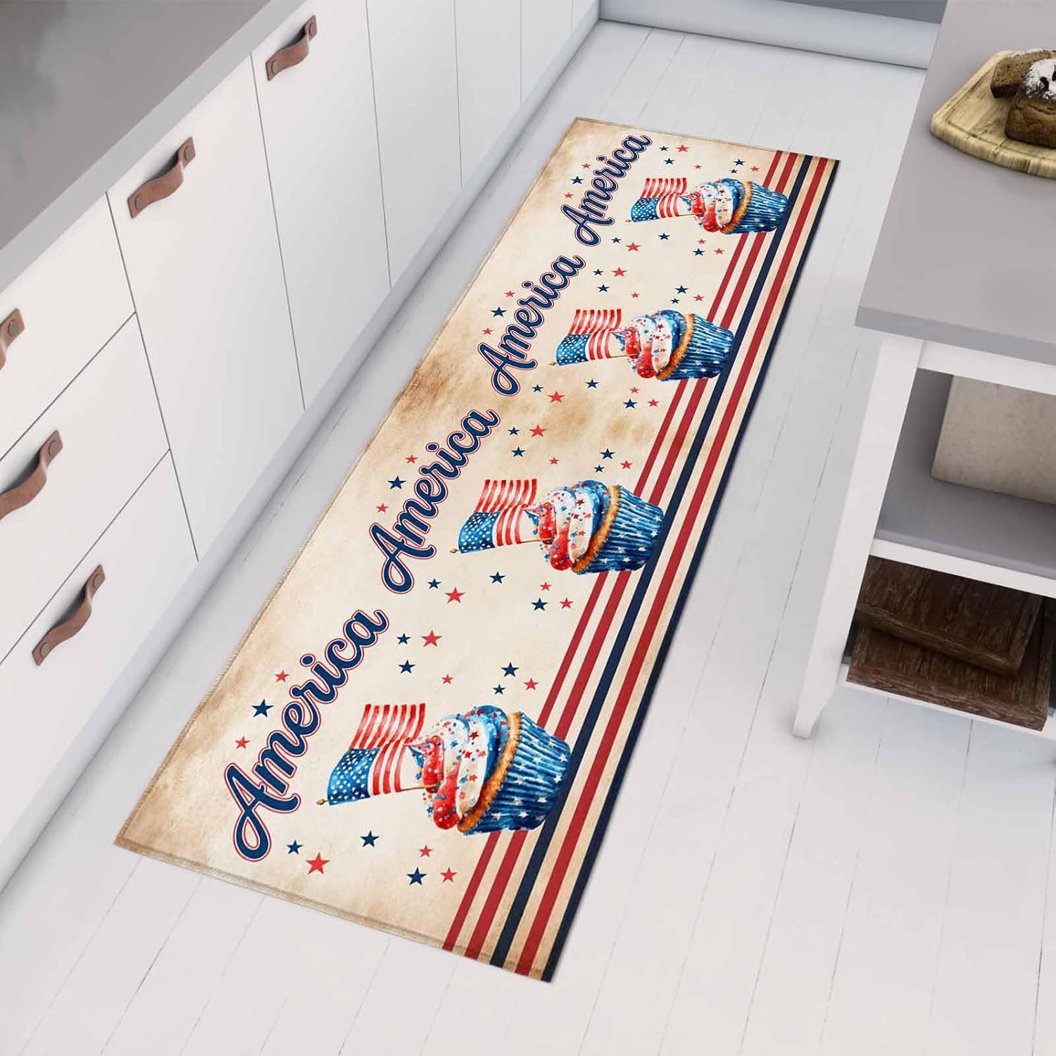 Teamery Kitchen Mats for Floor America Flag Ice-Cream Washable Non Slip Kitchen Rugs 1PCS, Red Blue Striped Stars Absorbent Standing Mats for Sink Bathroom Office Living Room 15.7x47.2in
