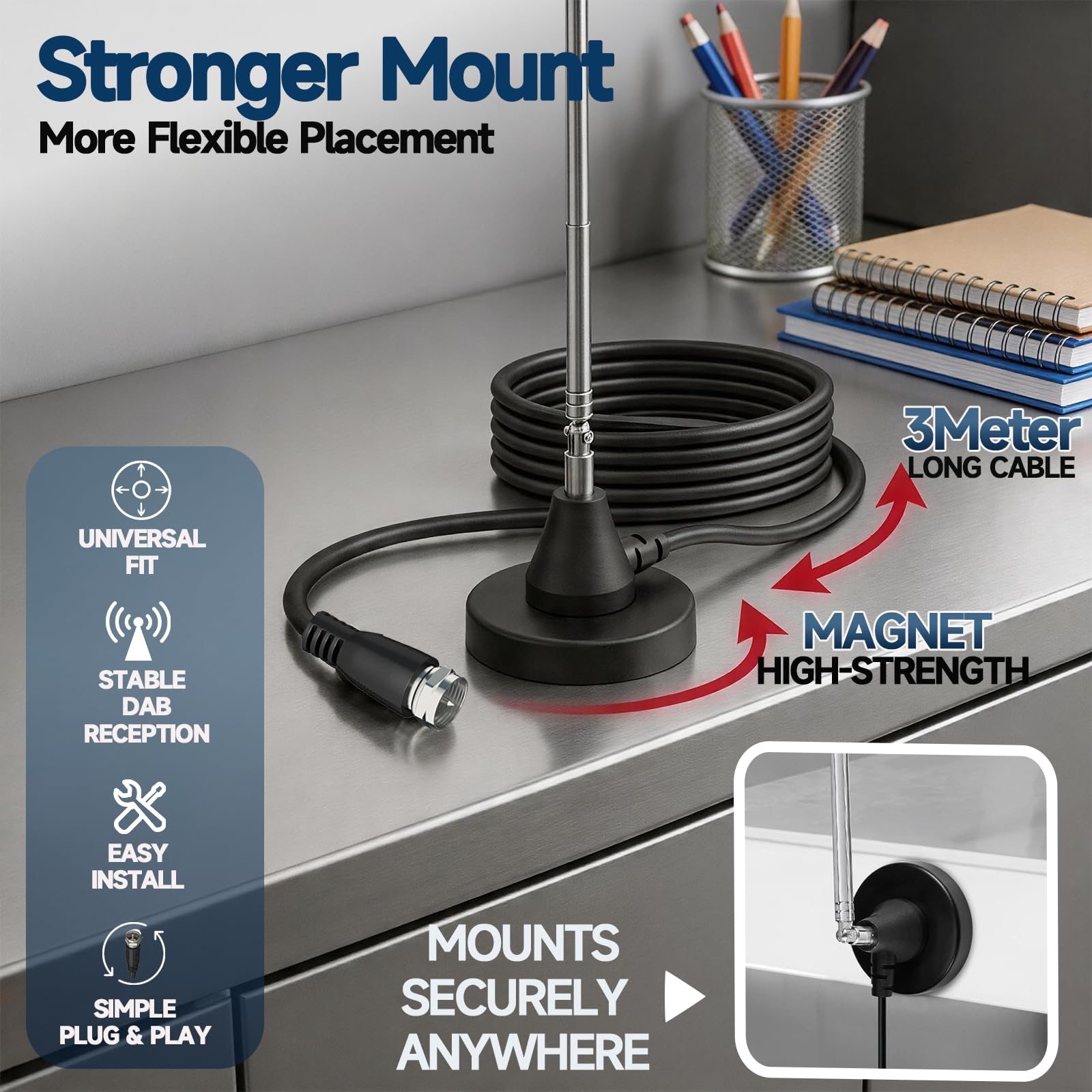 Bingfu Antenne Radio Dab FM Intérieure Télescopique 79 cm Antenne Numérique Amplifiée Maison avec Base Magnétique Câble de 3m pour Chaine HiFi Ampli Tuner FM Dab+ Dab Poste Radio Récepteur AV Stéréo