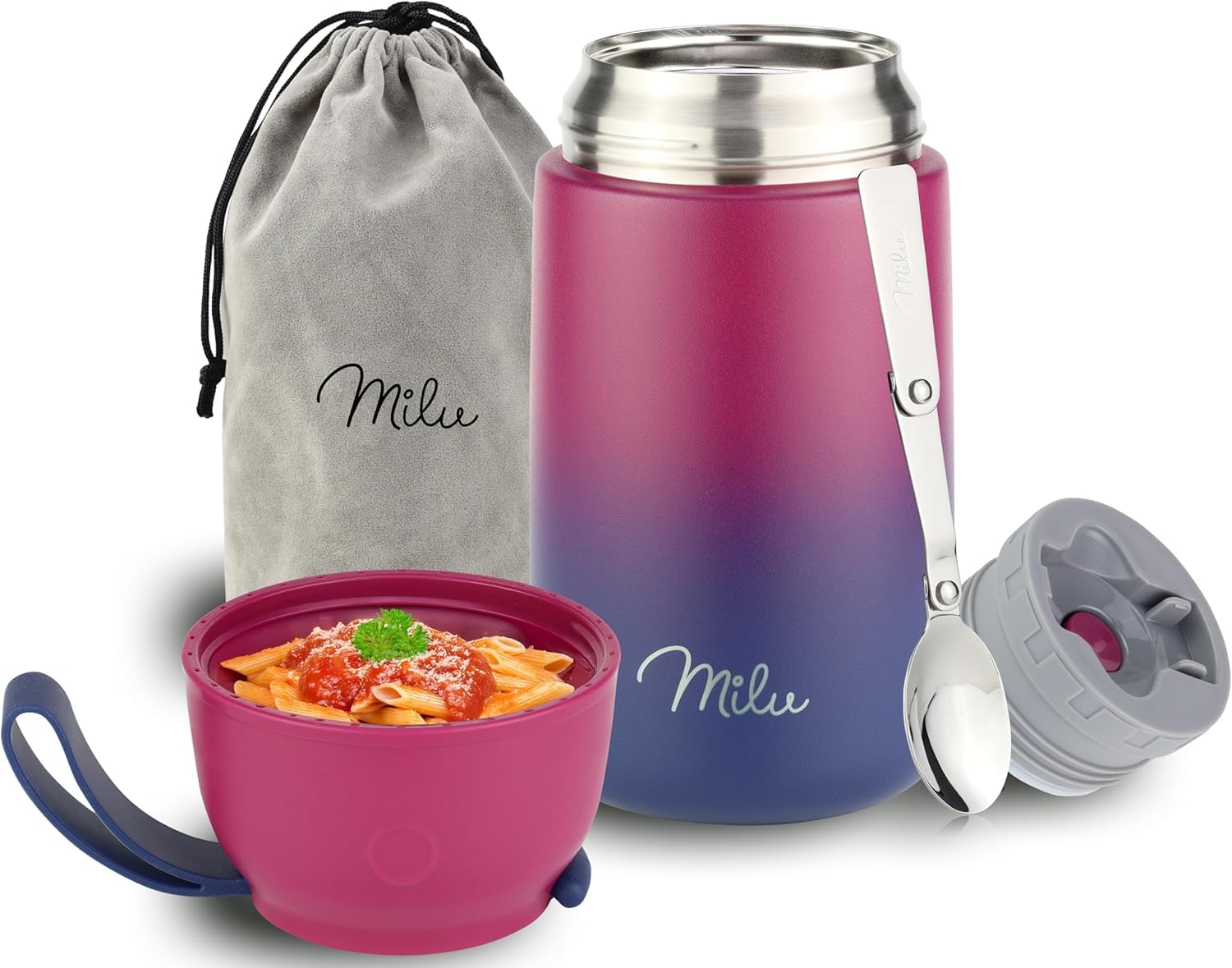 Milu Berry Blue Milu® Thermo Food Flask 800Ml - Stainless Steel Insulated Container - Lunchbox - Jar With Spoon For Hot And Cold Food (, 800Ml)