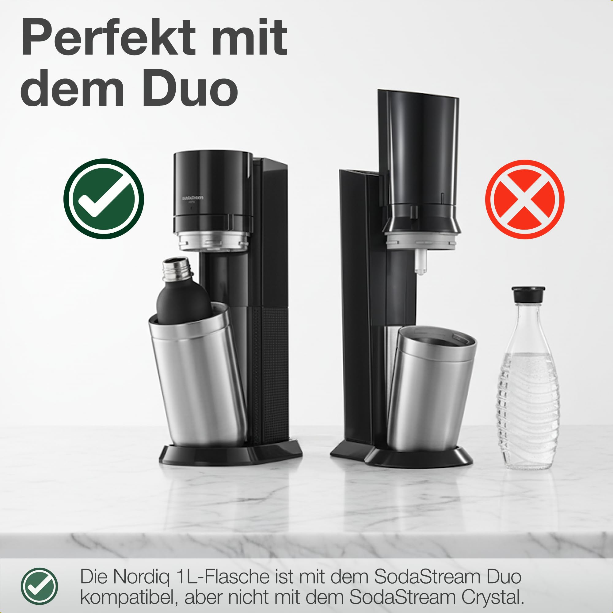 Edelstahl Sprudelflasche 1L | Kompatibel mit Aarke Carbonator 3, SodaStream Duo & Kunststoffflaschen | Nicht für Crystal & Jet | Kein Ablaufdatum | Plastikfrei | 2x Schwarz