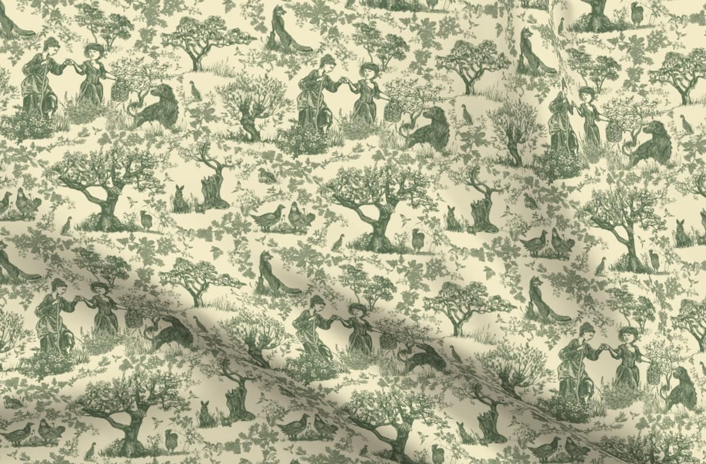 Spoonflower Fabric - Vintage Toile Sage Green Southern Victorian Countryside Rustic Printed on Upholstery Velvet Fabric Fat Quarter - Upholstery Home Decor Bottomweight Apparel