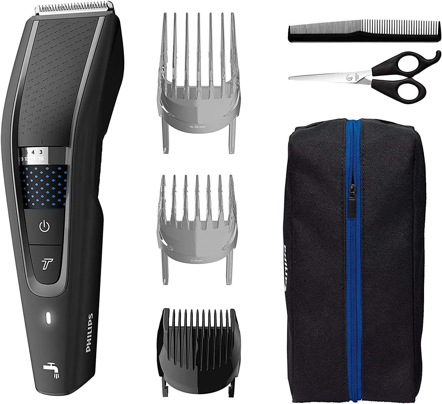 Philips Hairclipper Series 5000 – 28 Lengtestanden – Turbomodus – Zelfslijpende roestvrijstalen messen – 90 Minuten draadloos te gebruiken – 3 Opzetkammen – HC5632/15