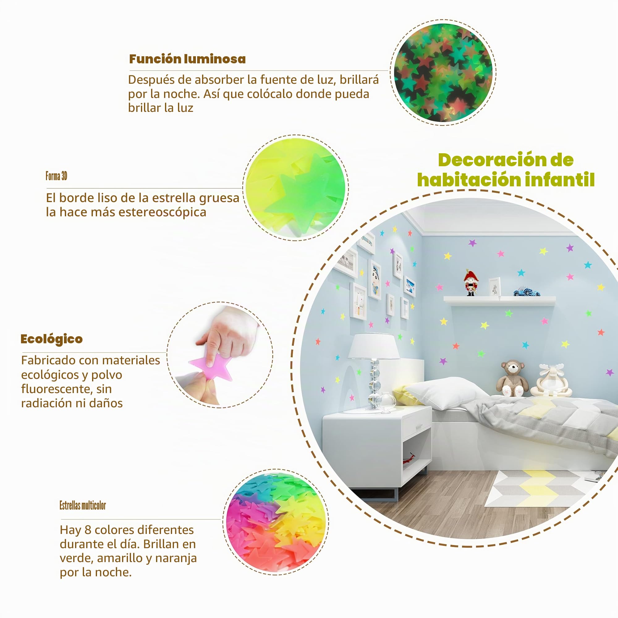 Pegatinas de Estrellas Fluorescentes para Techo, 200 Pcs Pegatinas Pared Infantiles Estrellas y Luna 3D para Habitación de Niños, Adhesivos de Decoración Pared Crean un Cielo Estrellado Real
