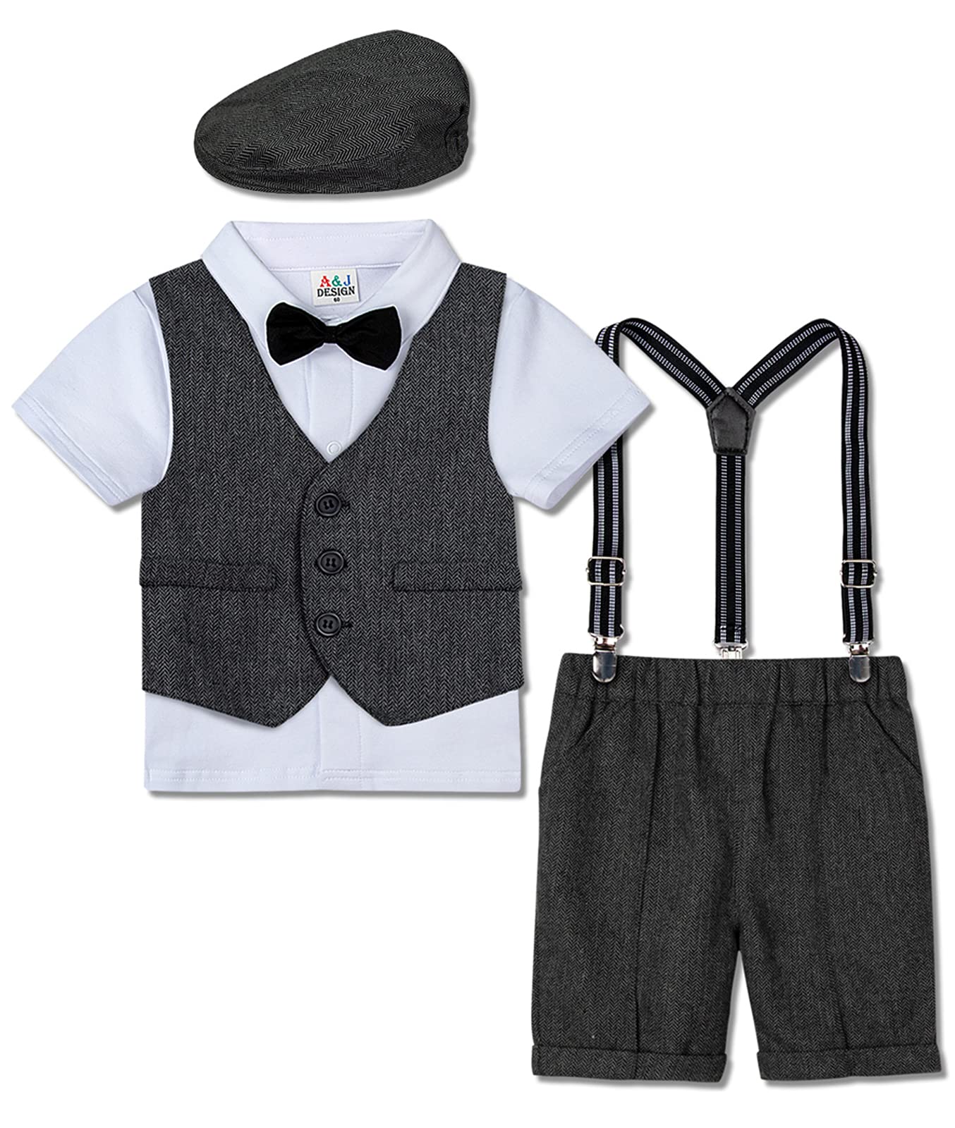 mintgreen Conjunto de Traje de Bebé Niño, 3 Piezas Caballero Tweed Patrón de Espiga Mono + Chaleco + Boinas, 0-18 Meses