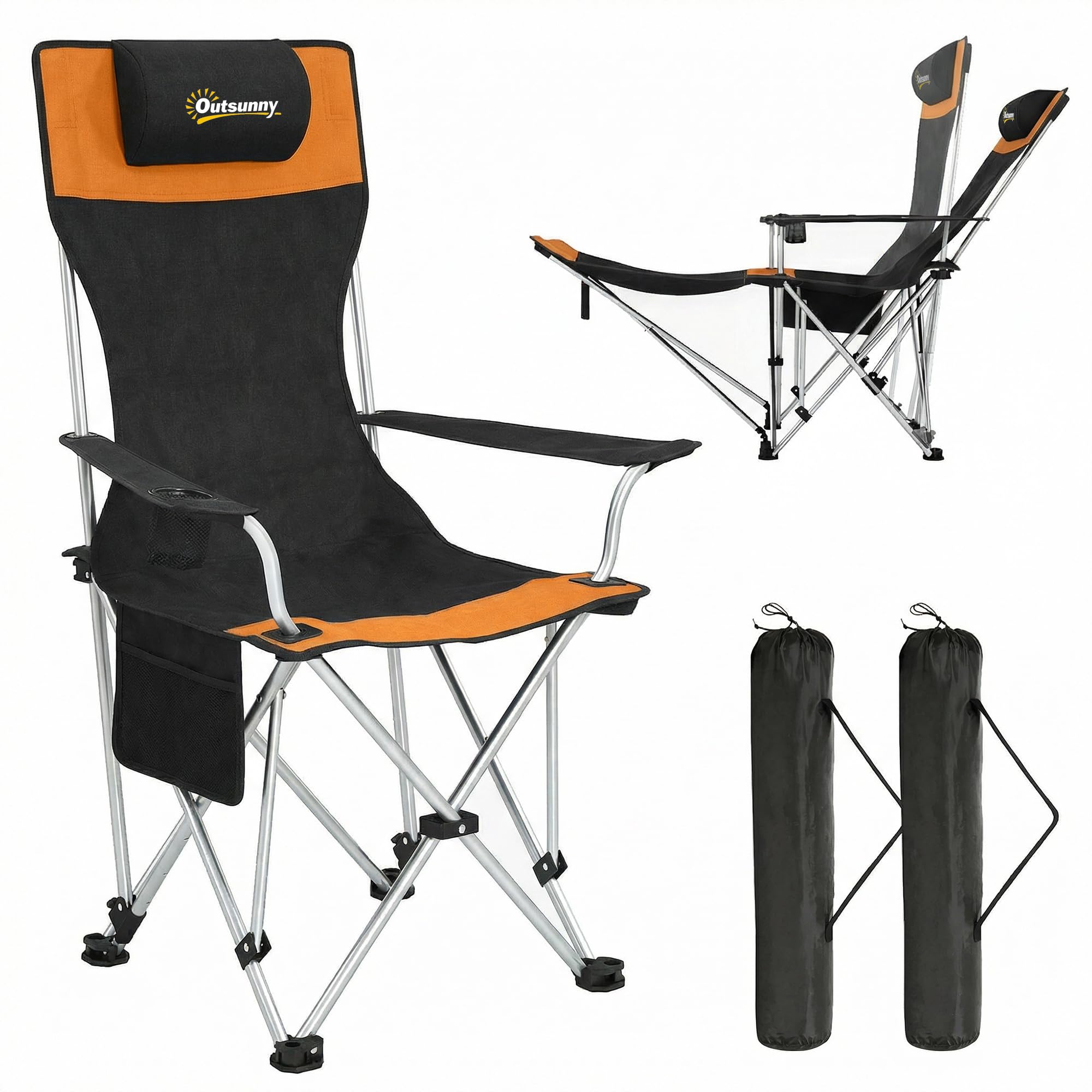 Outsunny 2er Set Campingstuhl faltbar Angelstuhl mit 4 Fach verstellbare R[ckenlehne abnehmbar Fußablage Getränkehalter Kopfstütze Gartenstuhl 120 kg Liegestuhl für Erwachsene Klappstuhl Strandstuhl