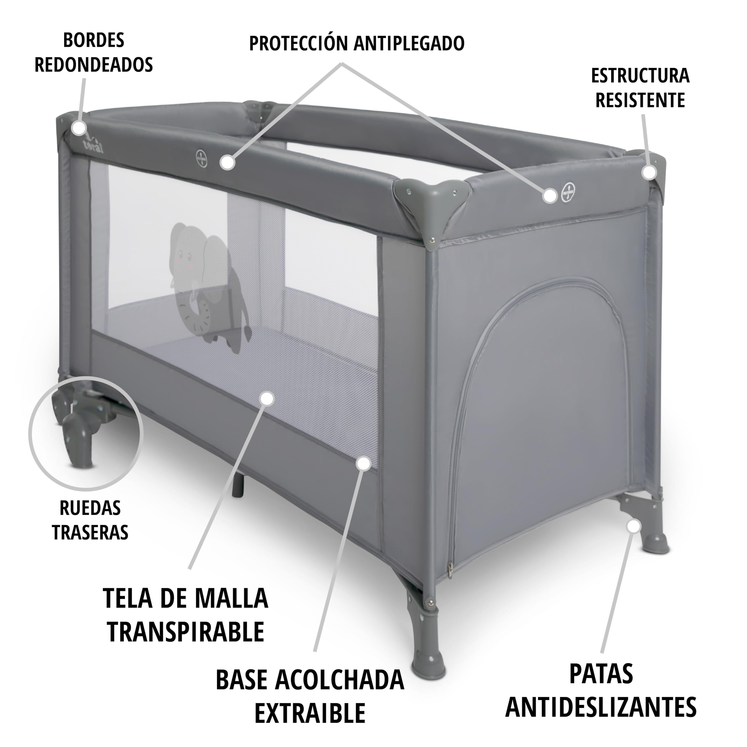 TORAL Cuna de Viaje Bebe con Colchon - Parque Cuna Bebe 2 en 1, Ideal para Casa y Viaje, Práctico Parque Infantil para Jugar Modelo Adventure Gris