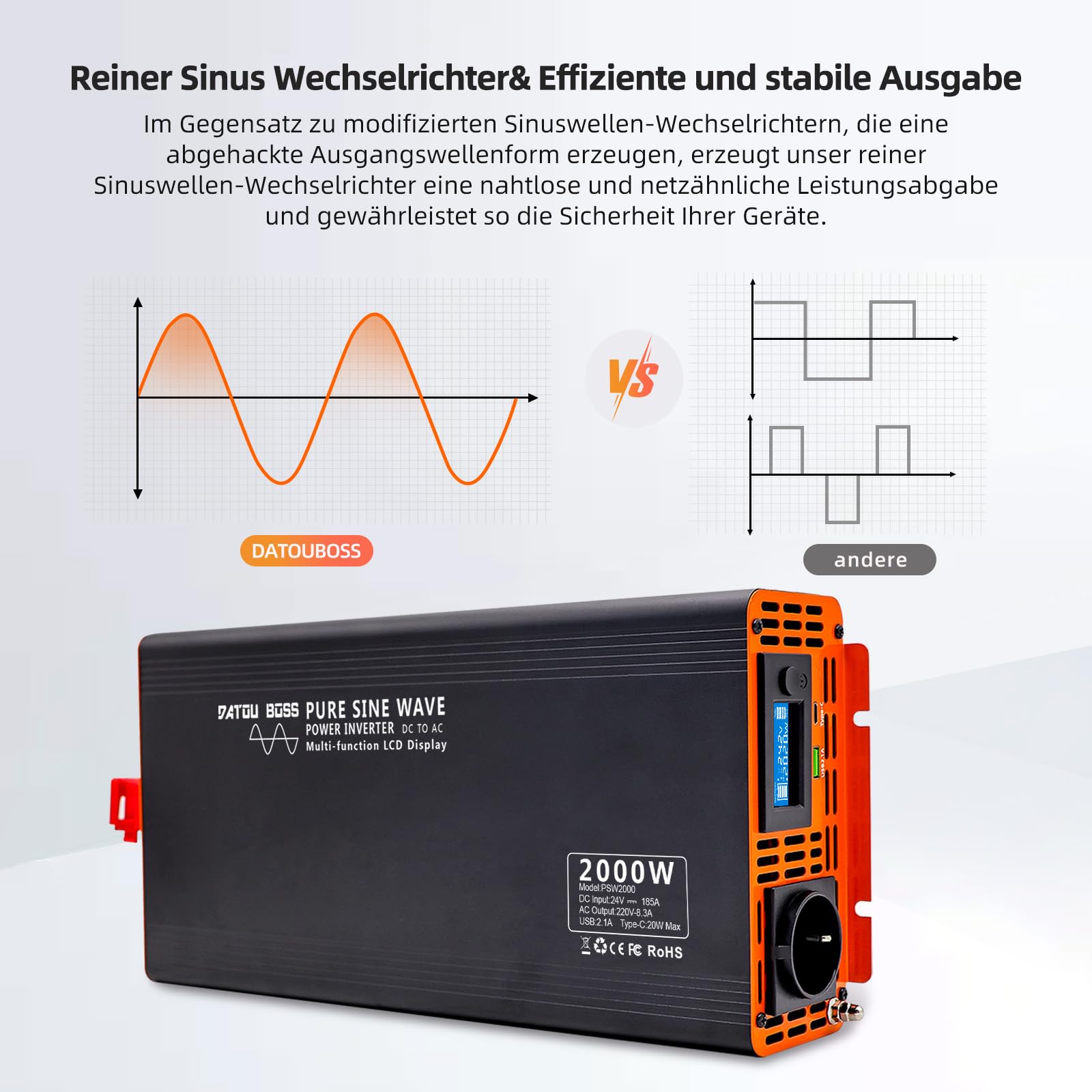 DATOUBOSS 2000W Reiner Sinus Wechselrichter 24V auf 230V (4000W Peak), Spannungswandler mit Funkfernbedienung, EU-Steckdose, USB-A & USB-C, LCD Display – für LKW Wohnmobil, Camping & Solar