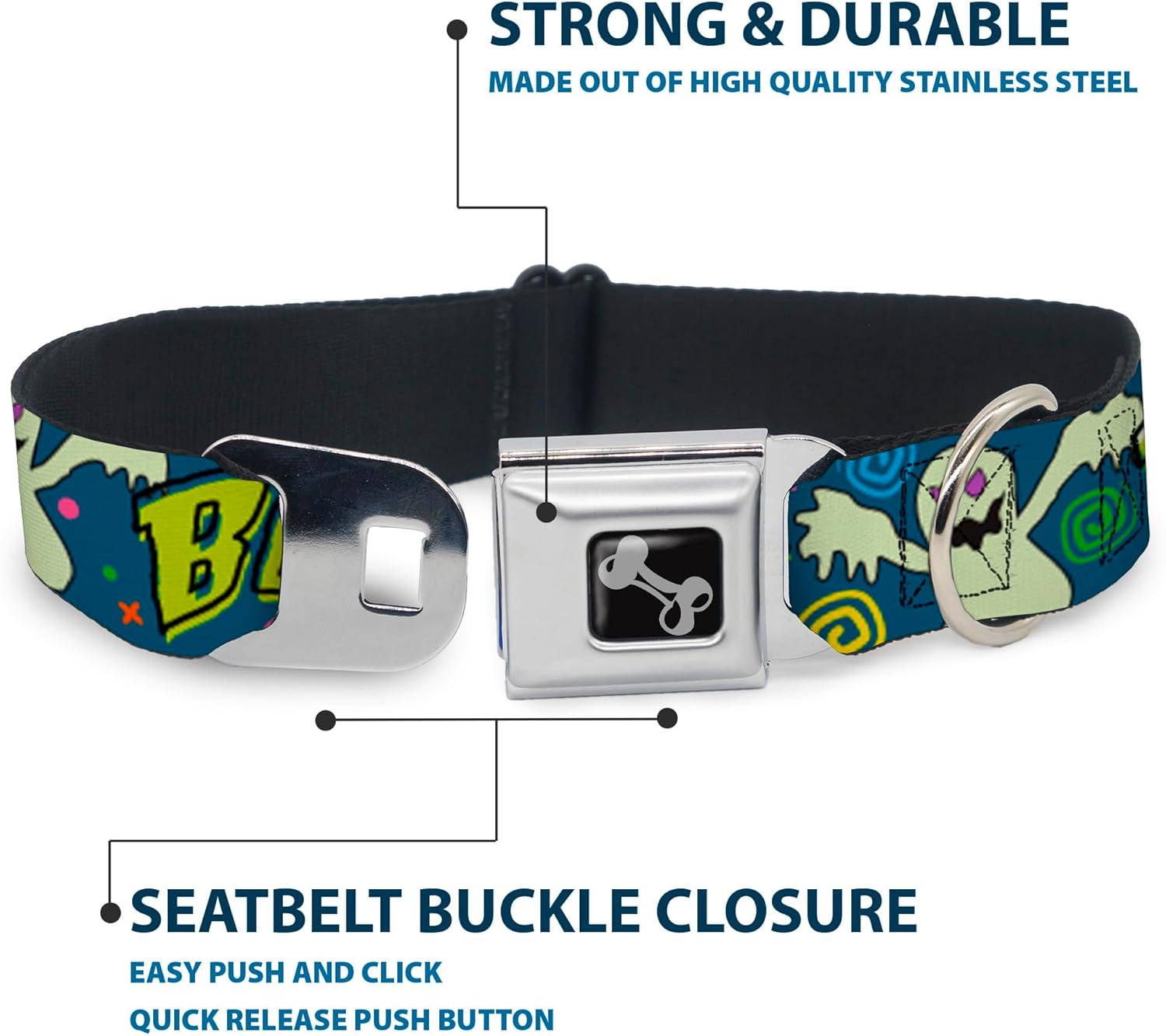 Dog Collar Seatbelt Buckle Ghost Boo Blue Multi Color 11 to 17 Inches 1.0 Inch Wide