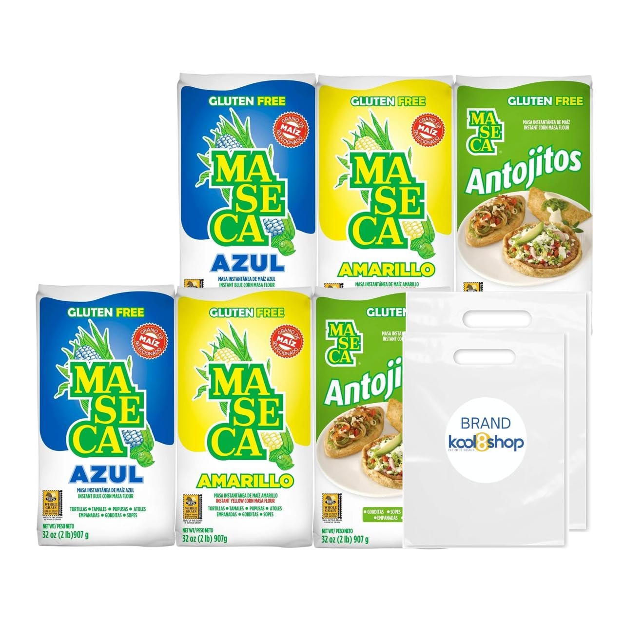 Maseca Variety Pack Instant Corn Masa Flour Gluten Free Kosher Halal 2 lb Bags 6 Pack + 2 Storage Reusable Bags by KOOL8SHOP Infinite Deals