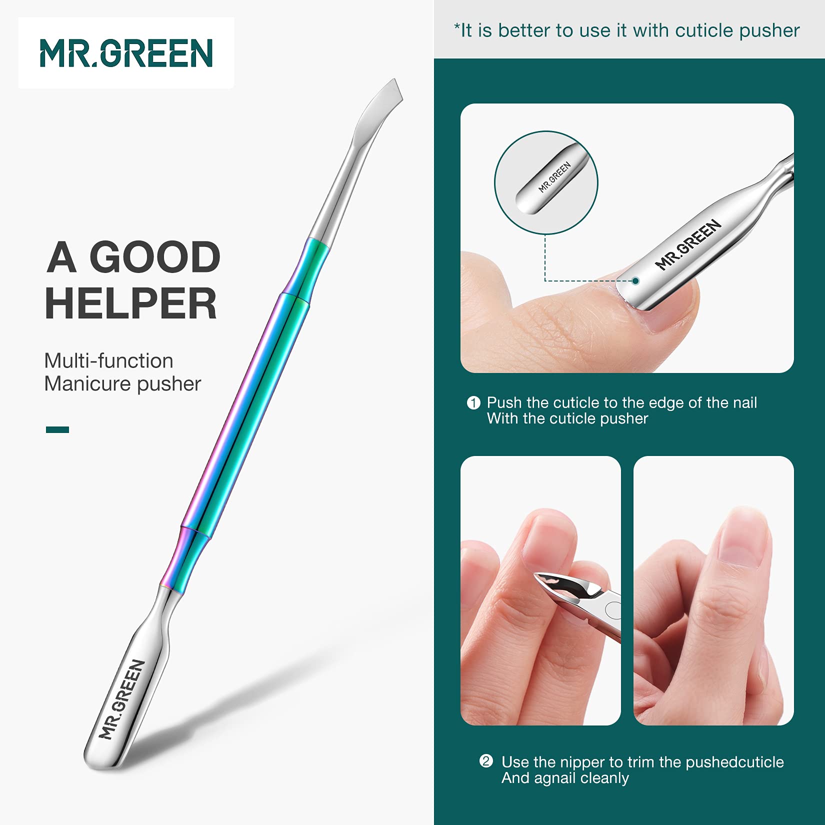 MR.GREEN Profesionales Tijeras para Cutículas y Empujador de Cutículas de Acero Inoxidable Manicura Set para Salón y Hogar(Color Titanio+Empujador)