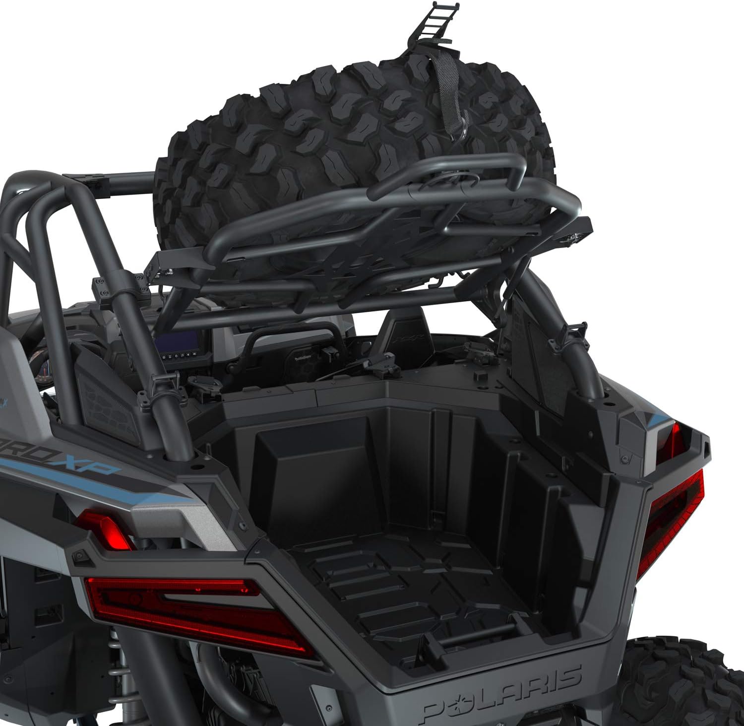 Polaris Pivoting Spare Tire Holder With Y-Ratchet Strap for Specific RZR Pro XP, Pro XP 4, Turbo R, Turbo R 4 Models, Holds Up To 32-Inch Tires and 75 Lbs, Secure Mounting, Matte Black - 2889404-458