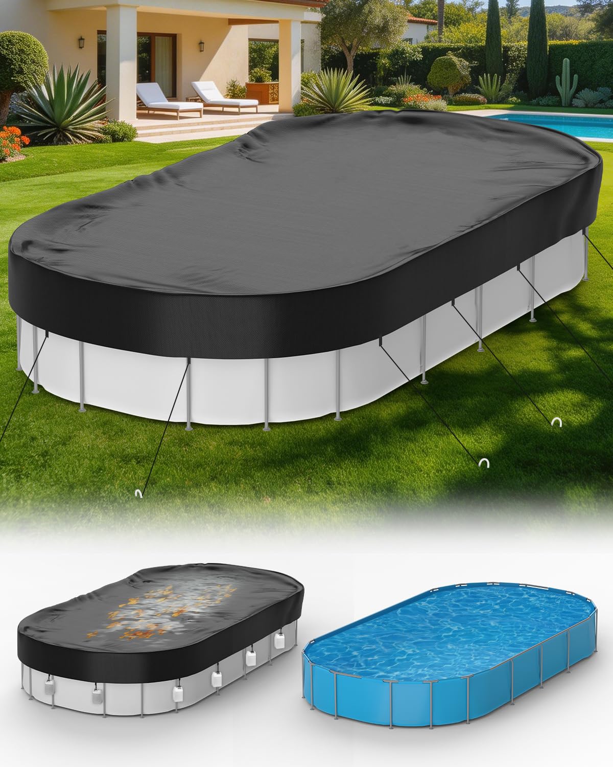 Photo 1 of 10x16 ft Oval Pool Covers for Above Ground Pools, Thicker Solar Pool Cover Protector - Heavy Duty Tear Resistant Fabric, with Ropes and Ground Nails, Waterproof, Dustproof, Windproof (Black)