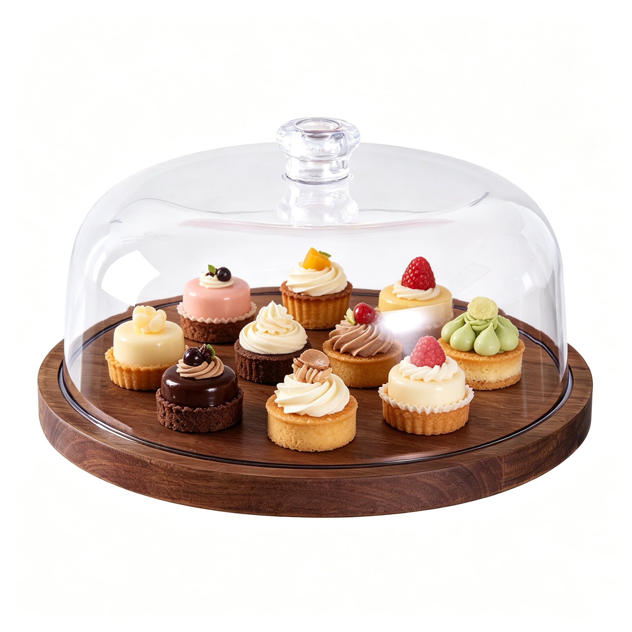 Soporte para tartas de madera de acacia con tapa, soporte redondo para tartas y tabla de embutidos, juego de mesa de postre con cúpula acrílica grande para queso, patatas fritas,