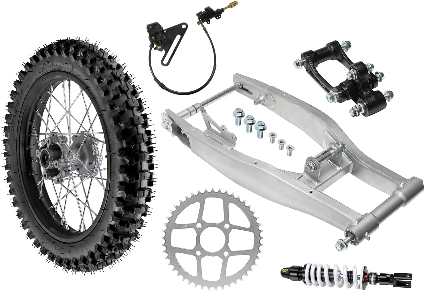 90/100-16 Rear Tire Wheel 1.85x16 Rim with 15mm Bearing Assembly with Swing Arm, Shock Linkage Bracket, 370mm Shock Absorber, Sprocket and Brake Caliper for Dirt Pit Bike Motocross Off Road Motorcycle