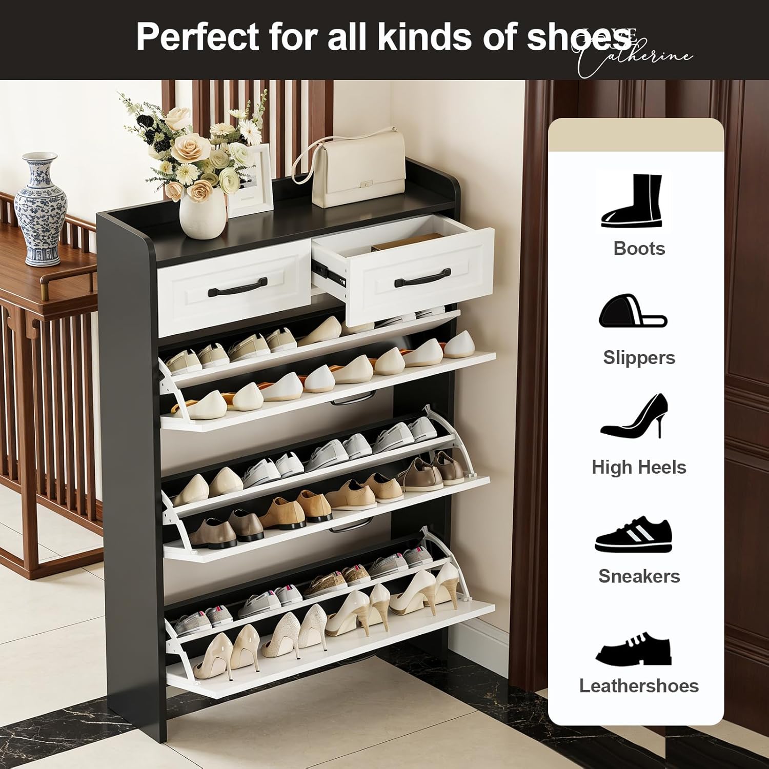 Multifunctional Narrow flip-Flop Shoe Cabinet with 3 Doors and 2 Drawers, freestanding Shoe Cabinet with Adjustable dividers, for Entrance Halls and corridors (White+Black)